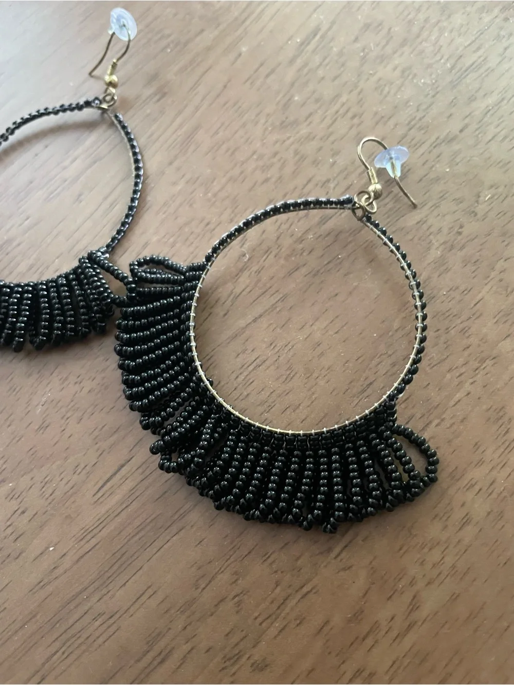 Fringed Black Beaded Hoop Earrings - Picture 2 of 3